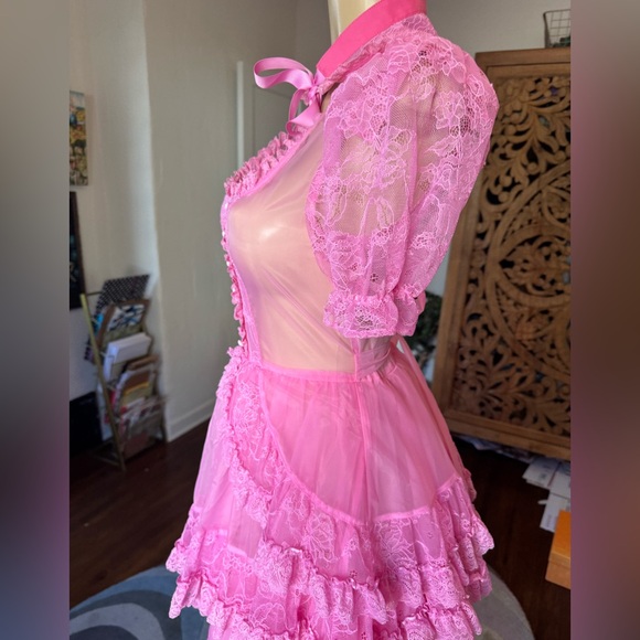 Current Mood Vibrant Pink Lace Layered Semi Sheer Maxi Dress size S NWOT - Picture 7 of 17